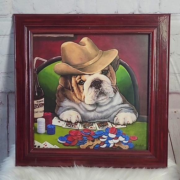 Other - Mahogany Framed Glass English Bull Dog Pup Puppy Poker Gambling Vegas Cowboy Art